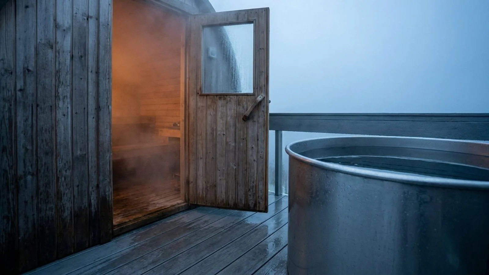 A cedar sauna door standing open beside a cold water tub on wet decking, warm light spilling into cold outdoor air