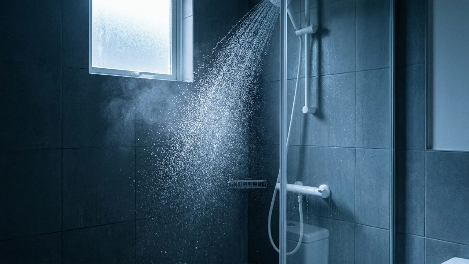 Cold water falling in an empty shower, droplets lit against a dark tiled wall