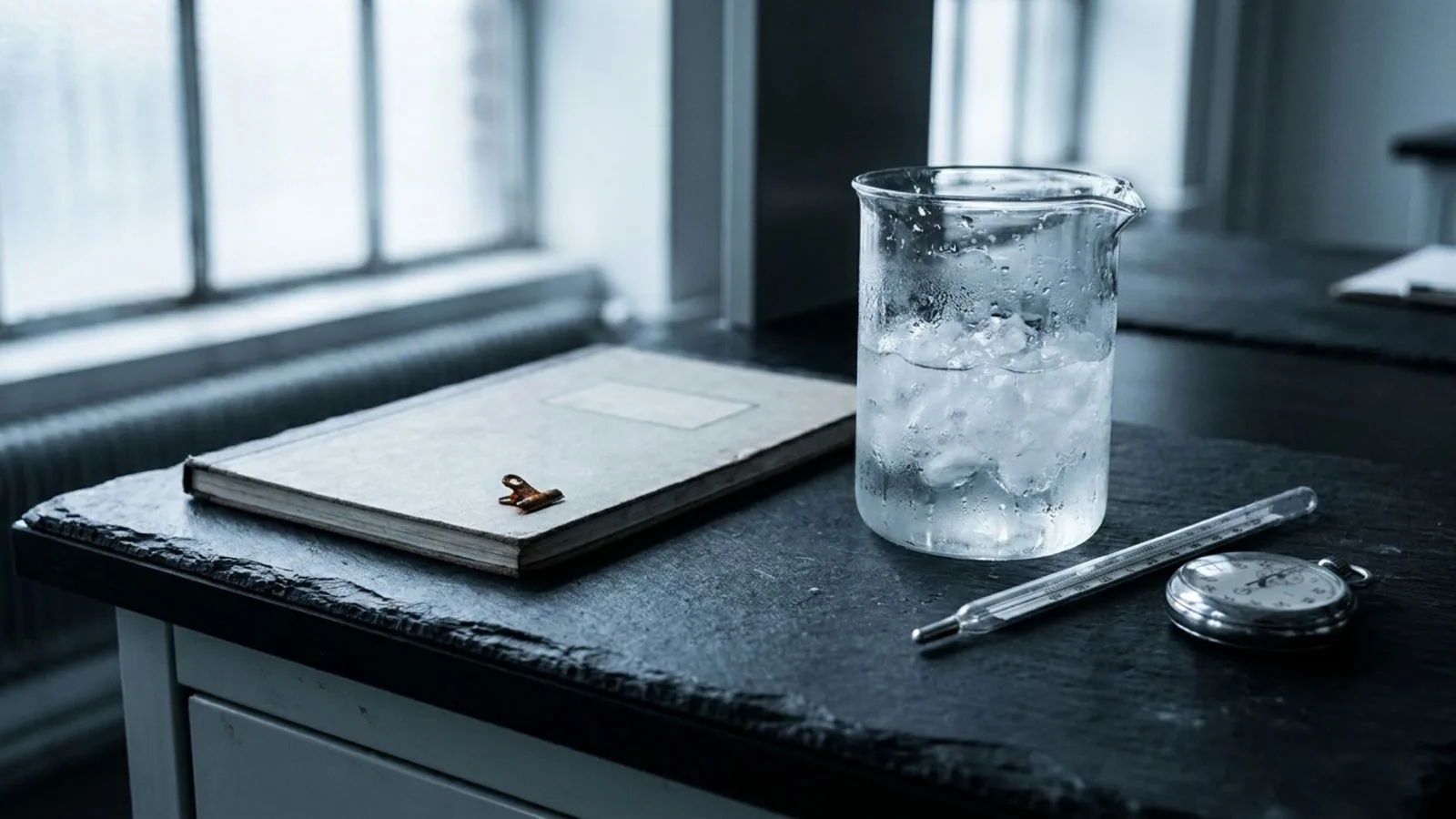 A glass beaker of ice water beside a thermometer, a stopwatch and a closed notebook on a slate surface