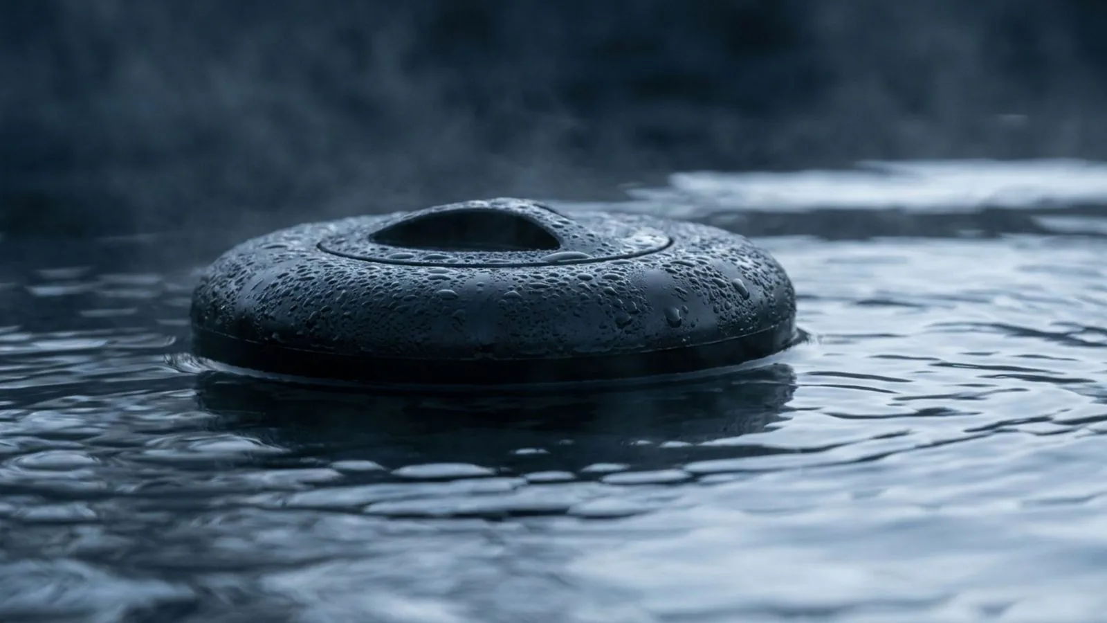 A dark floating disc on the rippled surface of cold water, seen close up in blue-grey light with mist above the surface