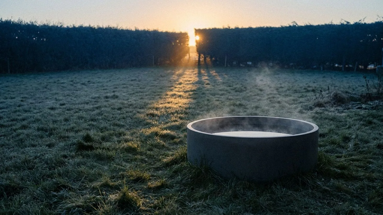 A round cold plunge tub standing in an open field at sunrise, steam lifting off the water and long shadows across frosted grass