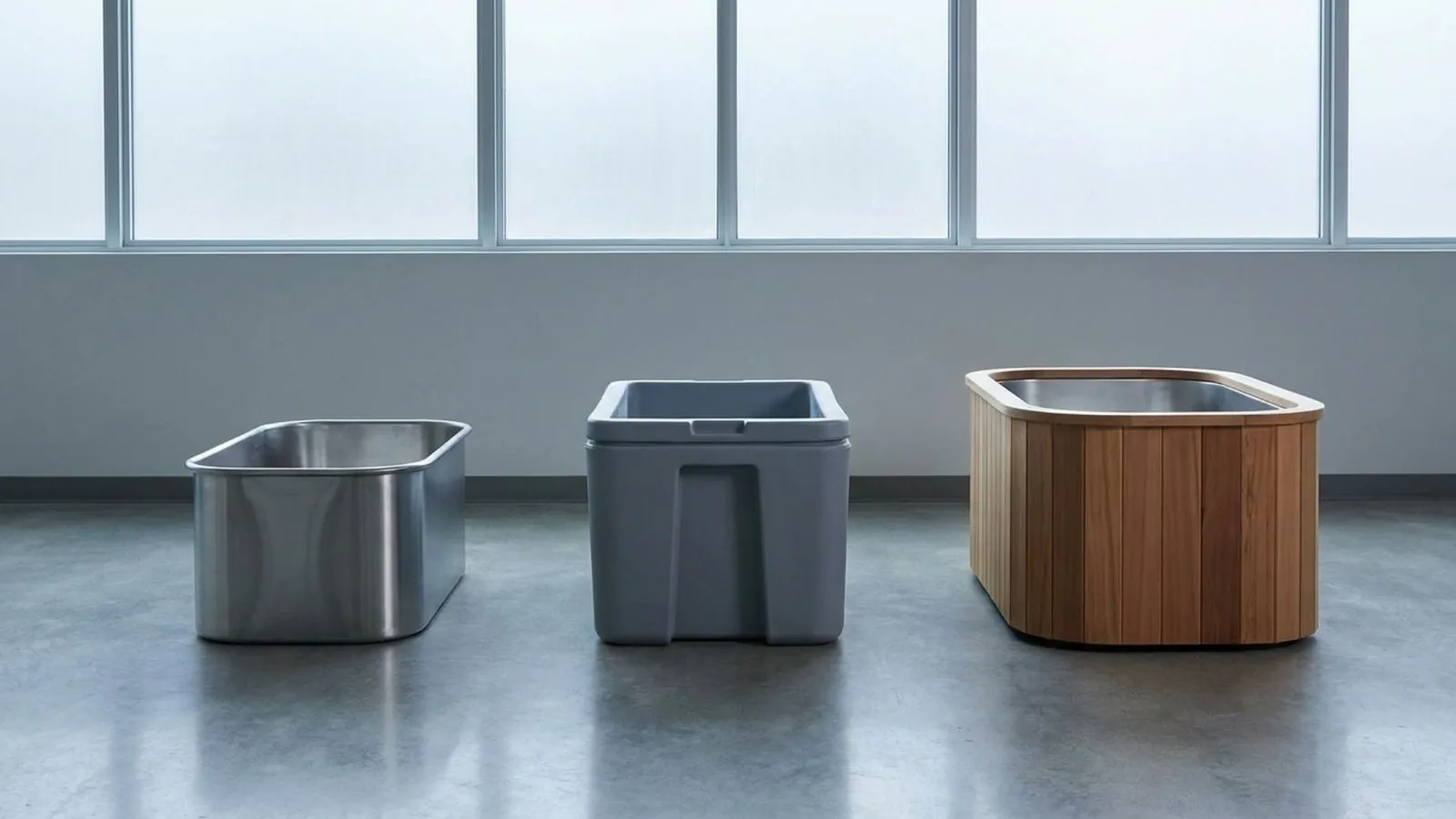 Three unbranded cold plunge vessels of different sizes lined up side by side on a concrete floor in even studio light