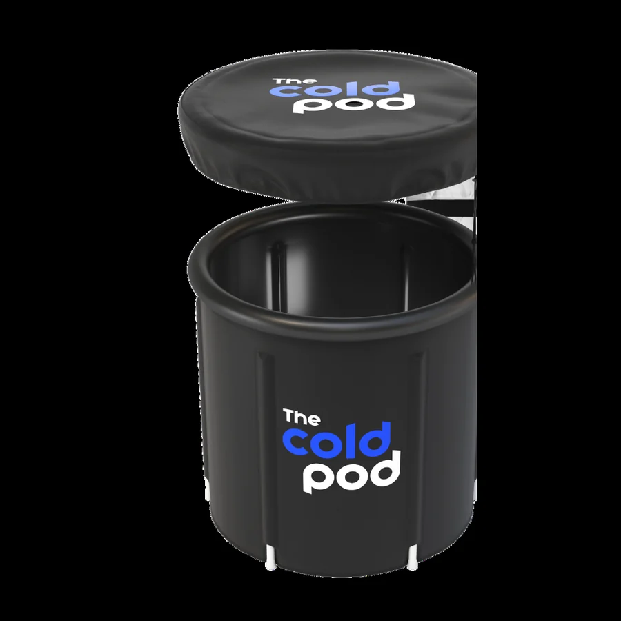 The Cold Pod, a black four-layer insulated barrel tub with its padded round cover floating above the open rim