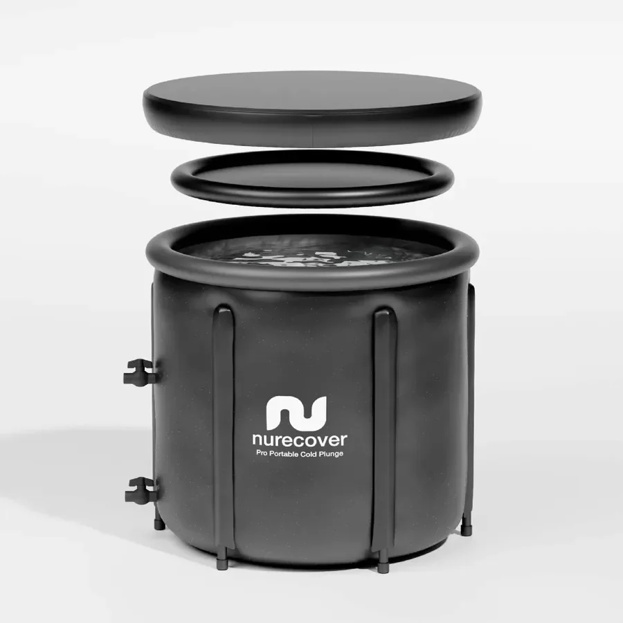 The Nurecover Pod, a black cylindrical insulated tub on support legs with its round lid and inner cover lifted off above it
